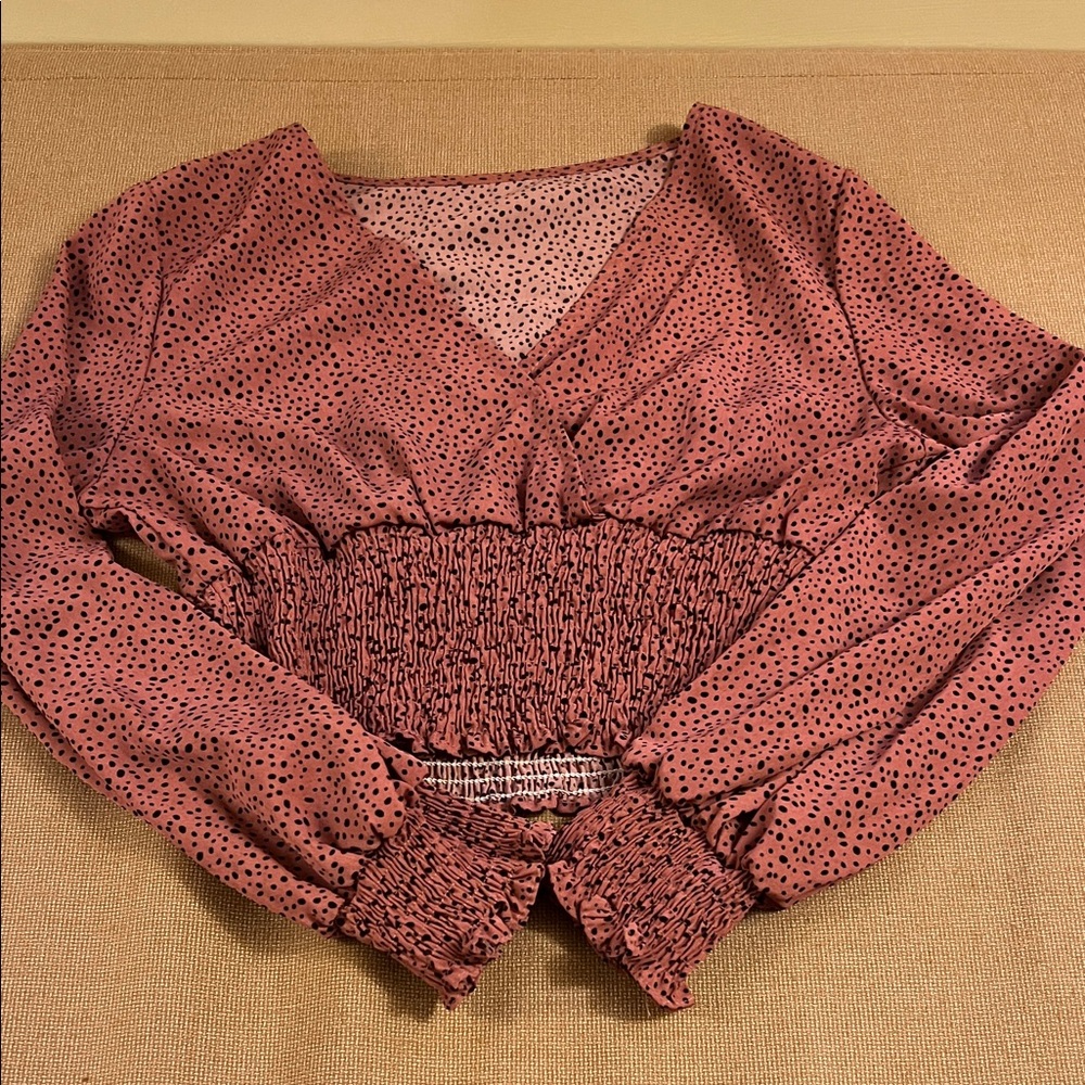 Smocked Waist Long-Sleeve V-Neck Top in Dusty Rose Dot